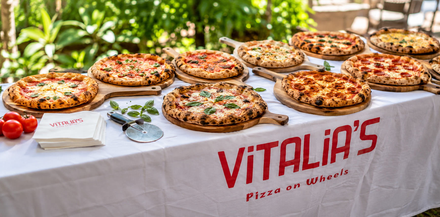 A spread of freshly made Vitalia's pizzas on a branded table at an event