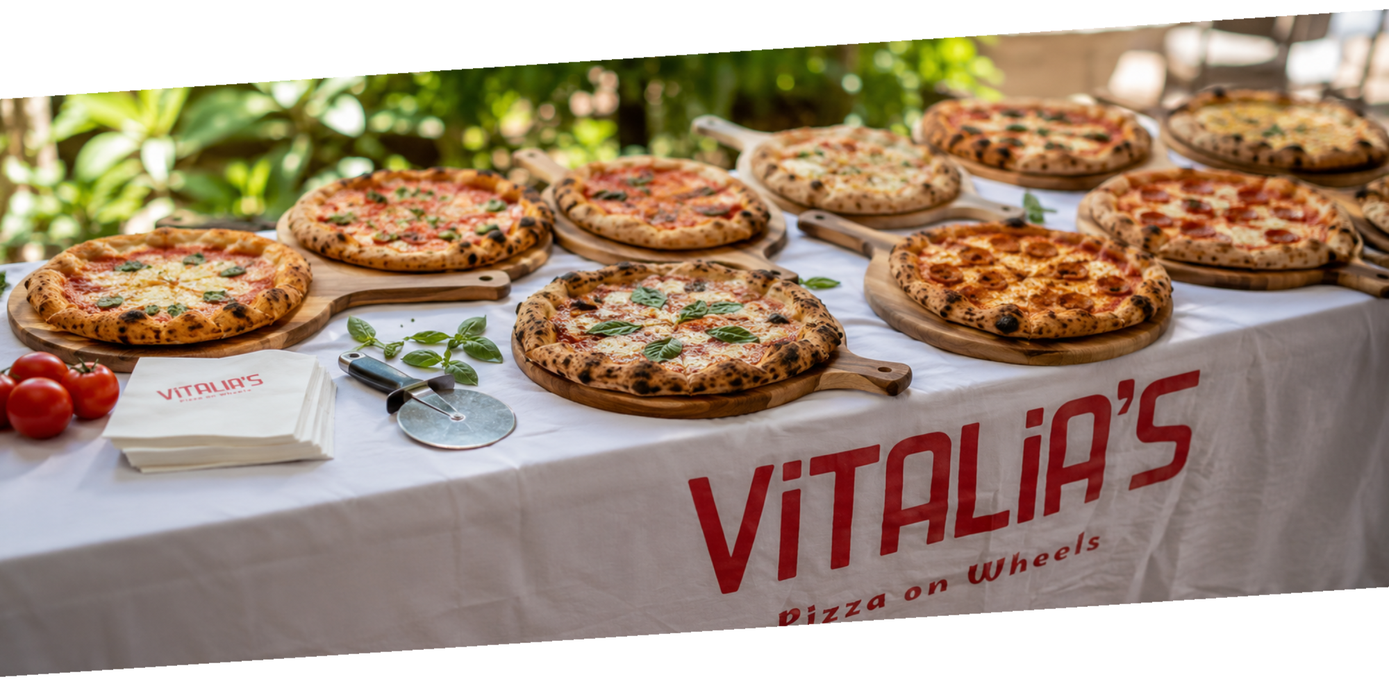 A spread of freshly made Vitalia's pizzas on a branded table at an event
